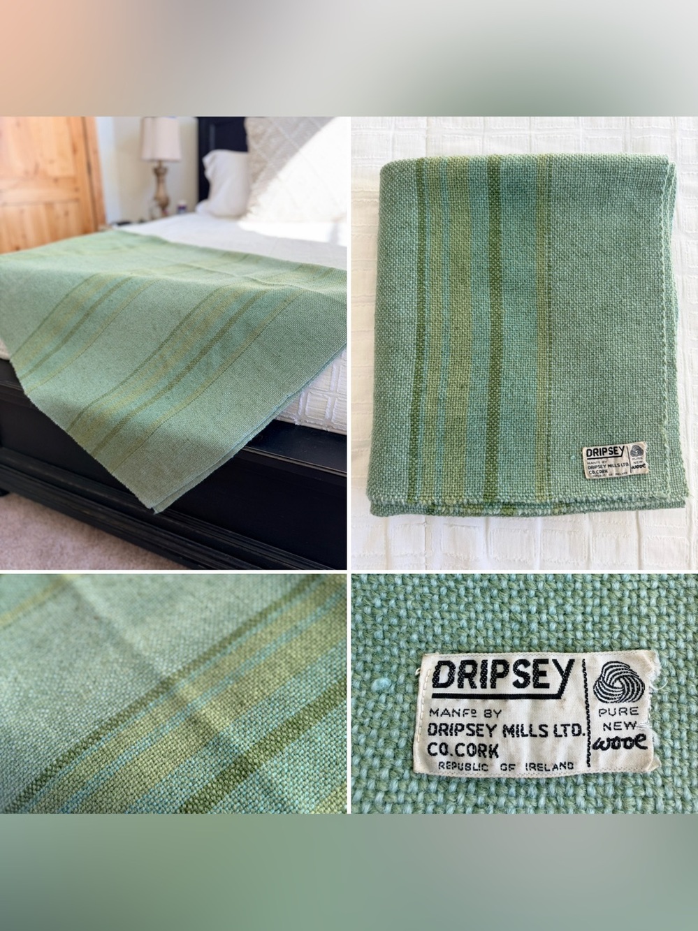 Vintage Dripsey Mills Irish Wool Throw Blanket Sage Green 48x54 Ireland